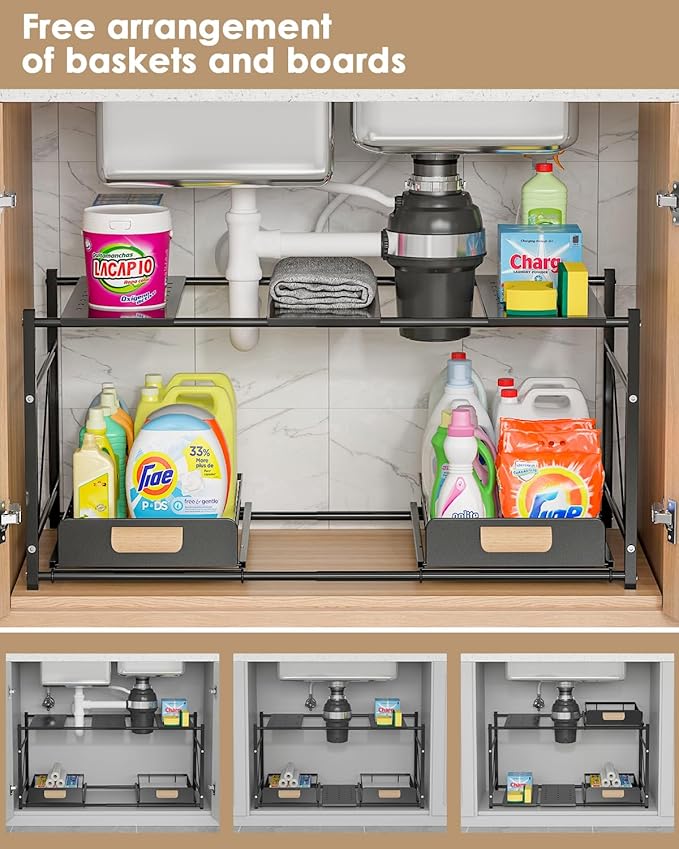 REALINN Extendable Under Sink Organizer, 2 Tier Expandable Under Cabinet Organizer Shelf with Height Adjustable, Retractable Cabinet Storage, Black