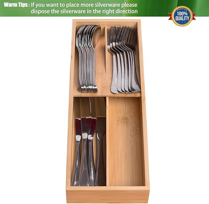 guiogc Bamboo Silverware Drawer Organizer, Kitchen Small Silverware Organizer, Utensil Tray Holder, Cutlery Tray for Spoons, Forks, Knives, Suitable for a family of 2-4