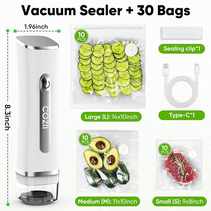 COZII Food Saver Vacuum Sealer Machine with 30 Bags, Preserve Compact Vacuum Sealer with Visible Water Tank, Handheld Portable, 60KPa Powerful suction, Wireless Rechargeable for 8X Fresh