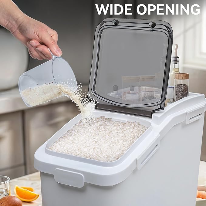 YITAHOME Large Flour Storage Container Ingredient Bins, 11.4-Gallon Rice Food storage Containers Bins with Wheels, Scoop and Airtight Lid for Bulk Rice, Cereal Grain, Sugar, White