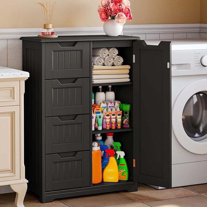 Gizoon Small Kitchen Pantry Storage Cabinet with Door and Shelves, 33'' Kitchen Pantry Cabinet Freestanding Wooden Bathroom Storage Cabinet with 4 Drawers for Kitchen and Dining Room, Black