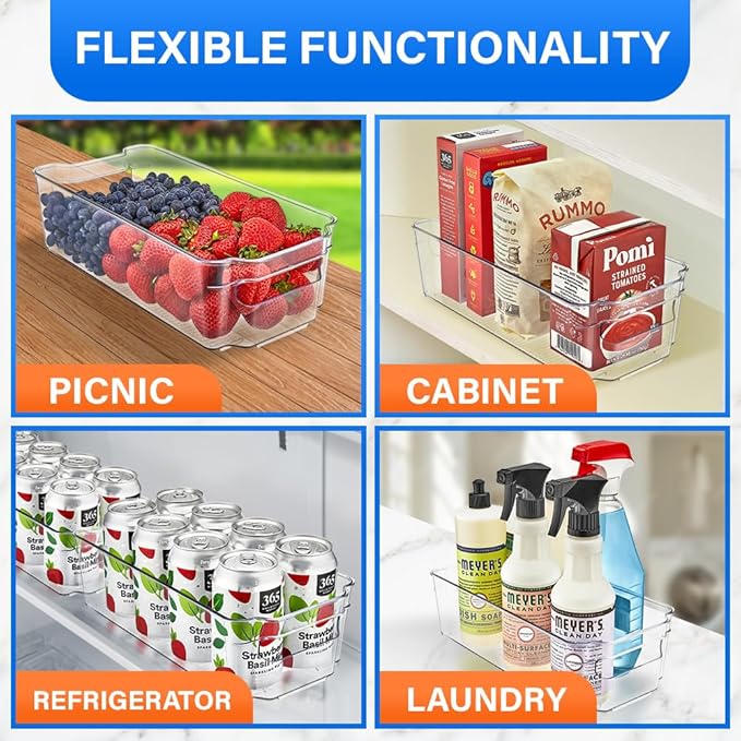 4-Piece Stackable Refrigerator Bin Organizer Set with Easy Grip Handles - Clear Multi-Purpose Storage Bins for Fridge and Pantry Use