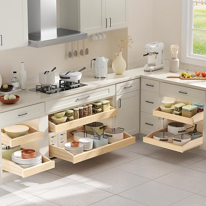 LOVMOR Single Pull Out Cabinet Organizer 31½”W x 21”D, Soft Close Slide Out Drawer Storage Shelves for Kitchen, Wood Cabinet Shelf Pull-Out Organizer Storage for Base Cabinet
