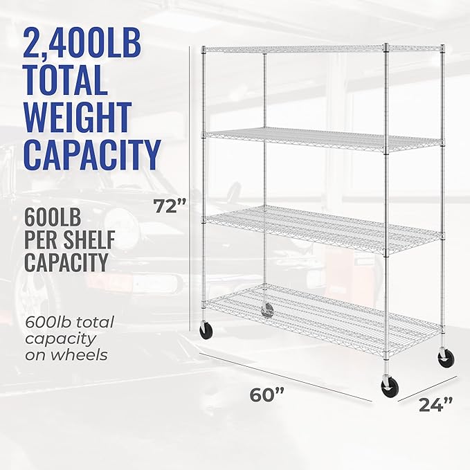 SafeRacks WS-602472-ZW4 NSF Certified 4-Tier Heavy Duty Wire Rack Storage Shelves with Wheels & Adjustable Feet, 24"x60"x72", Silver