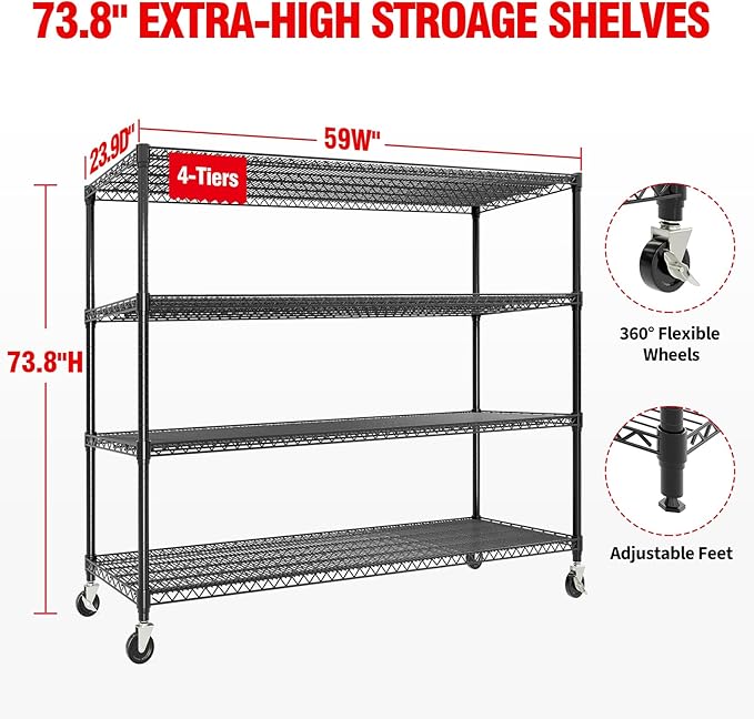 4 Tier Industrial Storage Shelving Unit 2640LBS Capacity, Heavy Duty Adjustable Metal Shelves w/Wheels & Leveling Feet, Garage, Workshop, Basement Rack Shelf, 73.8" H*23.9" D*59.8" W