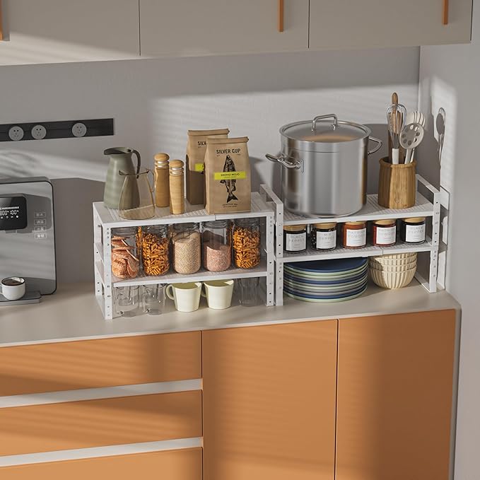 Wobmmi Expandable,Adjustable & Stackable Spice Rack, Cabinet Kitchen Countertop Shelf Organizer,Metal Pantry Storage Shelves - Space-Saving Storage Solution(2Packs/White/Medium)
