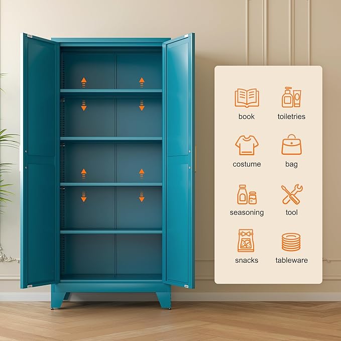 LCAOPC 71" Tall Metal Storage Cabinet with 2 Doors and 4 Adjustable Shelves, 5-Tier Kitchen Pantry Storage Cabinet for Kitchen, Living Room, Dining Room and Office, Blue