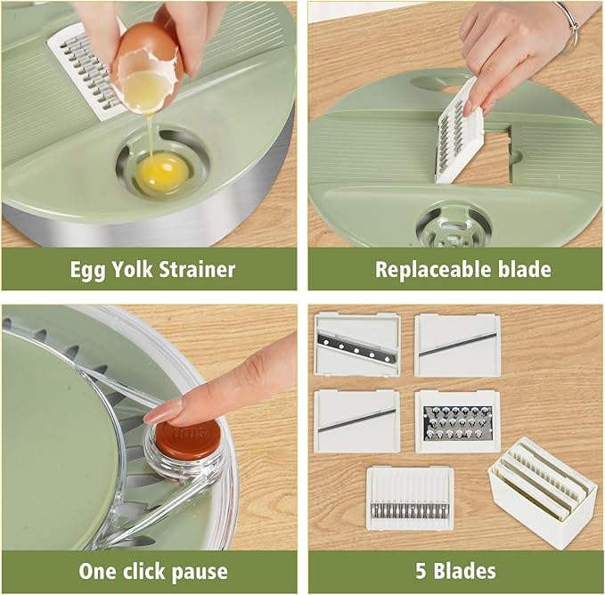 SODPE Stainless Steel Salad Spinner Large with 5 Blades Slicer, Lettuce Washer Spinner and Dryer, Vegetable Fruits Chopper Bowl, Egg Yolk Strainer Comes with Dipping Saucers and Clip, 5.3Qt