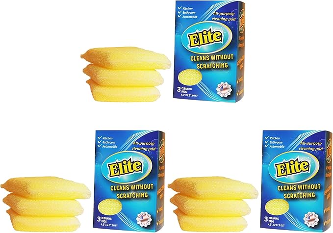 Elite All Purpose Cleaning Pad, 9 Pads (3x3pack), Non Scratch, Dish Sponge, Scrubber, Sponges for Kitchen and Household Use, Made in USA