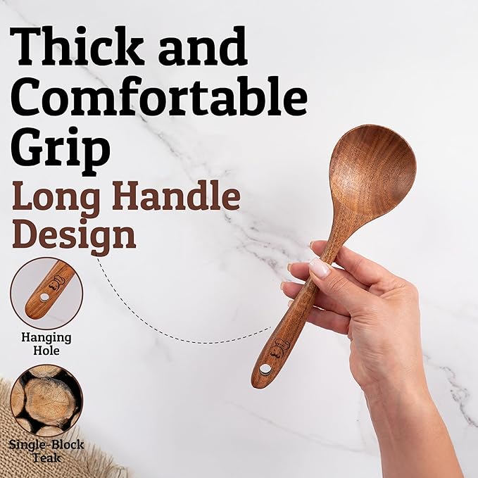 PriorityChef Wooden Spoon for Cooking – Handcrafted Teak Wood Serving Spoon, Non Toxic, Nonstick-Safe Kitchen Utensil for Stirring, Mixing & Everyday Serving