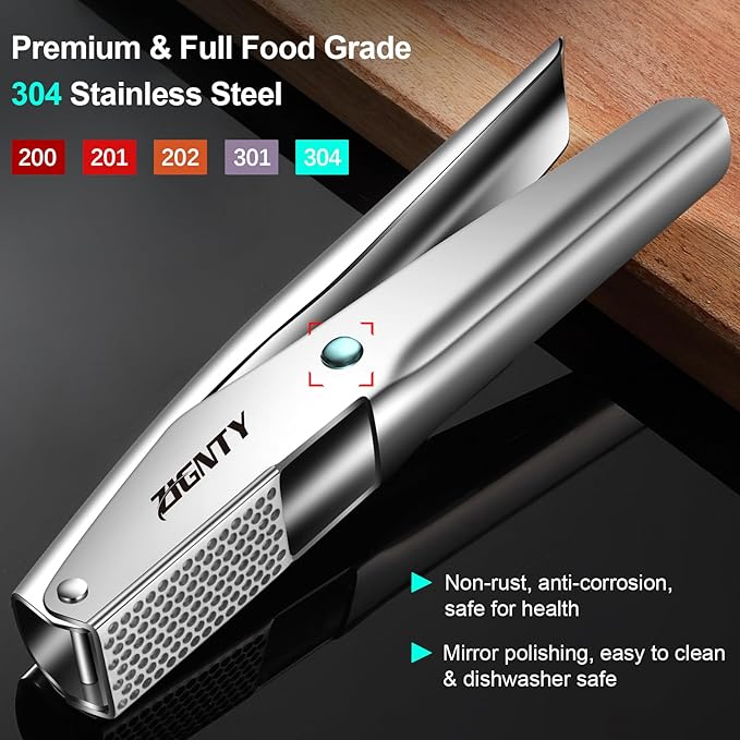 ZIGNTY Garlic Press Stainless Steel, Professional Mincer No Need to Peel, Large Trough Presser Ergonomic Handle Easy Squeeze, Ginger Crusher & Masher Dishwasher Safe Rust Proof
