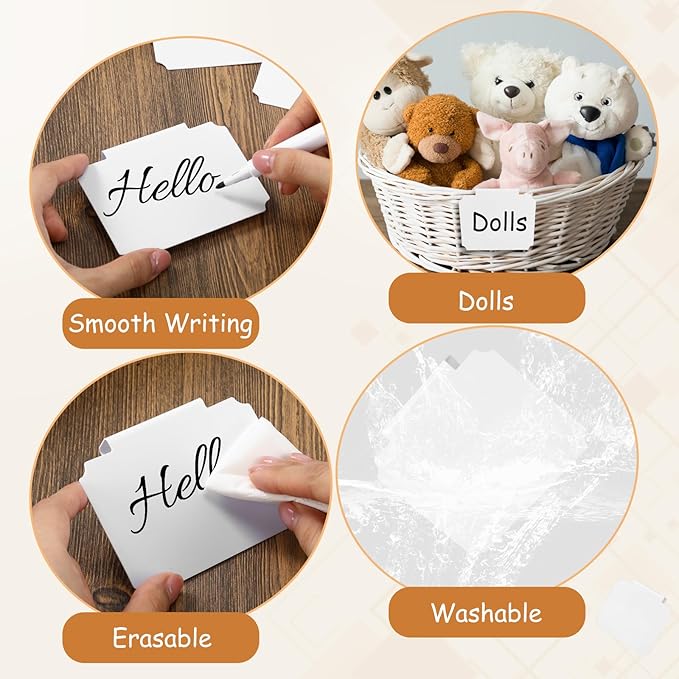 50 Pcs White Basket Labels Clip with 4 Black Chalk Markers Reusable Plastic Storage Bin Erasable Labels Kitchen Pantry PVC Tag Stickers for Fabric Cubes Basket Box Organization