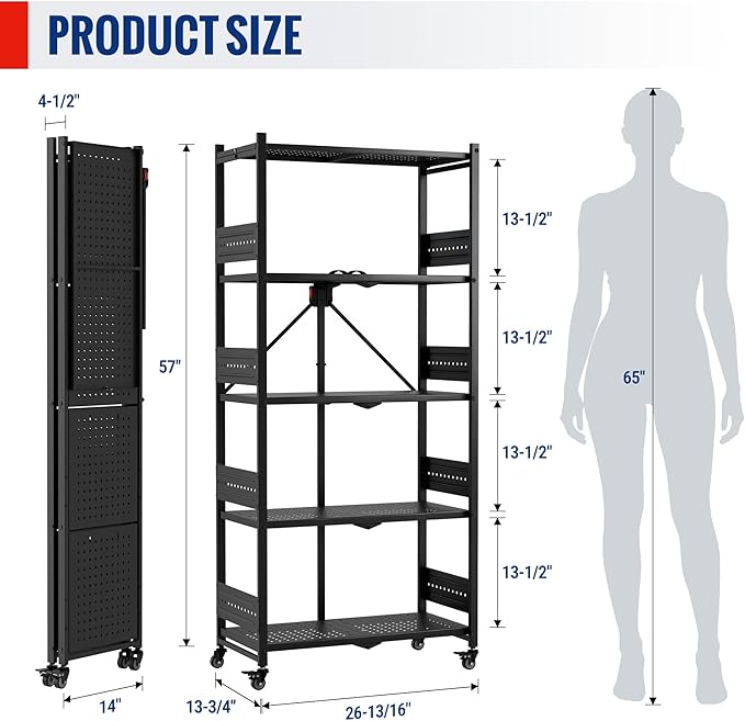 WORKPRO 5-Tier Folding Shelf, No-Assembly Metal Storage Rack with Wheels, 750 lbs Capacity (with Leveling Feet), Collapsible Shelving Unit for Kitchen, Pantry, Bathroom & Closet Organization