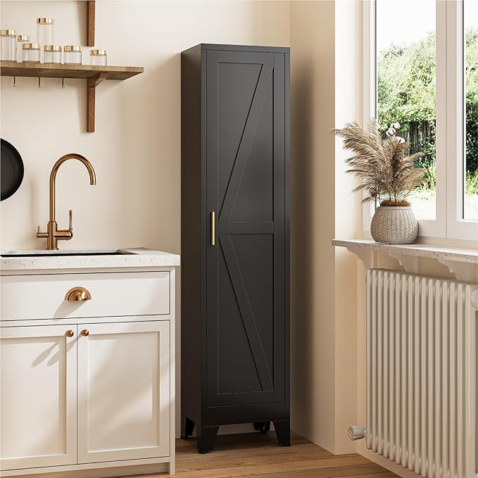 YNIQUESTLE 67" Tall Storage Cabinet with Reversible Doors and Adjustable Shelves,Metal Slim Freestanding Cabinets for Bathroom Kitchen Garage Small Spaces,Black