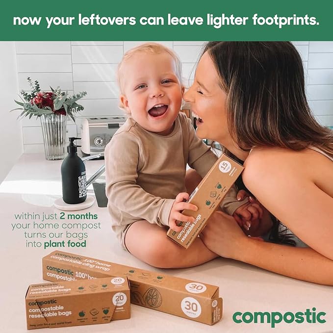 Compostic Home Compostable Resealable Sandwich Bags, Microwave & Freezer Safe, Organic Food Storage Container, 60 Count