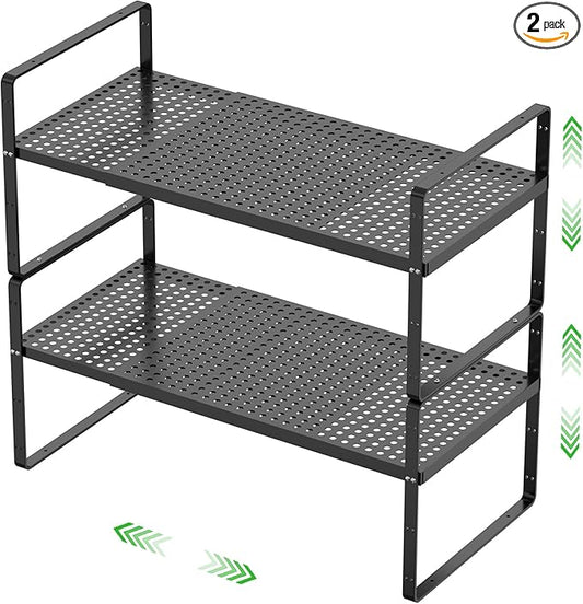 SOFRON Expandable Cabinet Storage Shelf Stackable Organizer Rack for Kitchen Bathroom Pantry Spice Cupboard Coffee Countertop Home Office Desk Heavy Duty Nonslip Black Small 2 Packs
