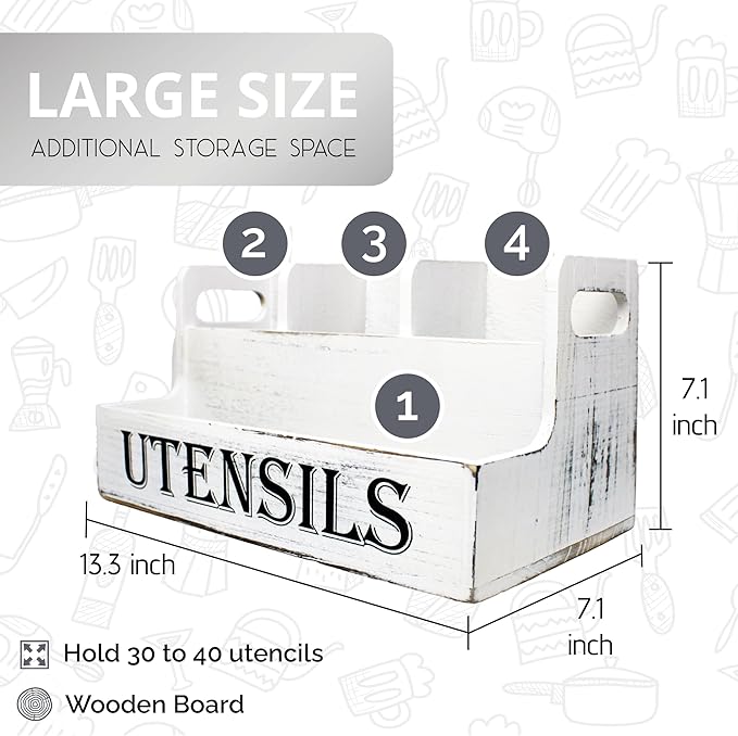 JKS Essentials Large Wooden Kitchen Utensil Holder with 4 Compartments | White Farmhouse Utensil Organizer for Countertop, Rustic Cooking Utensil Caddy, Silverware & Spoon Storage | White Wood Grain