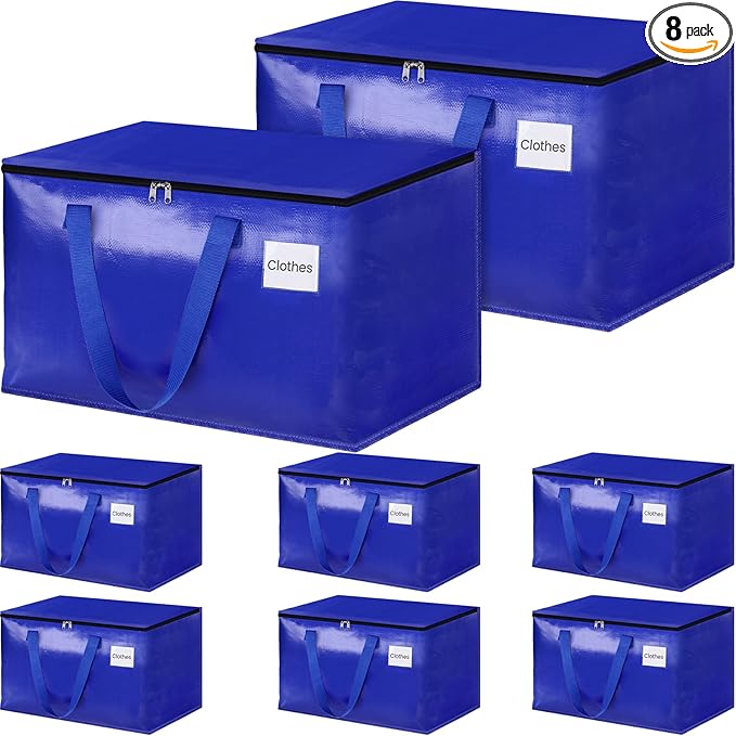 HomeHacks Moving Bags Heavy Duty with Strong Zippers and Handles Collapsible Moving Supplies, Storage Totes for Packing & Moving Storing 125L,8-Pack, Blue