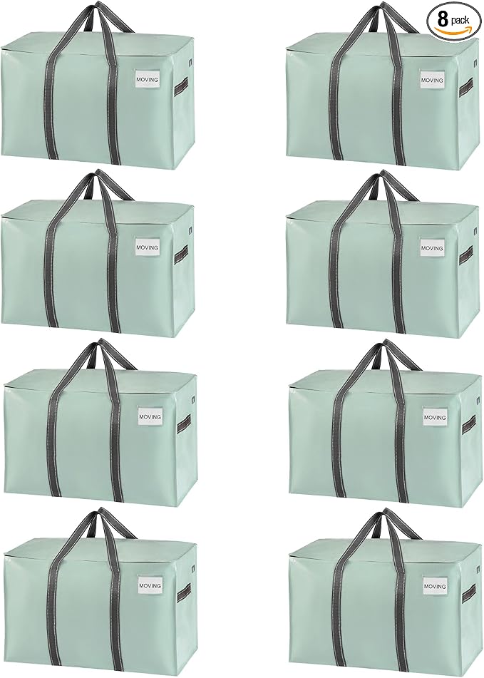 VENO 8 Pack Moving Bags and Large Christmas Storage Bins with lids. Alternative to Moving Boxes, Packing Supplies for College. Extra Large Heavy Duty Totes for Packaging (Shiny Light Green, 8 Pack)