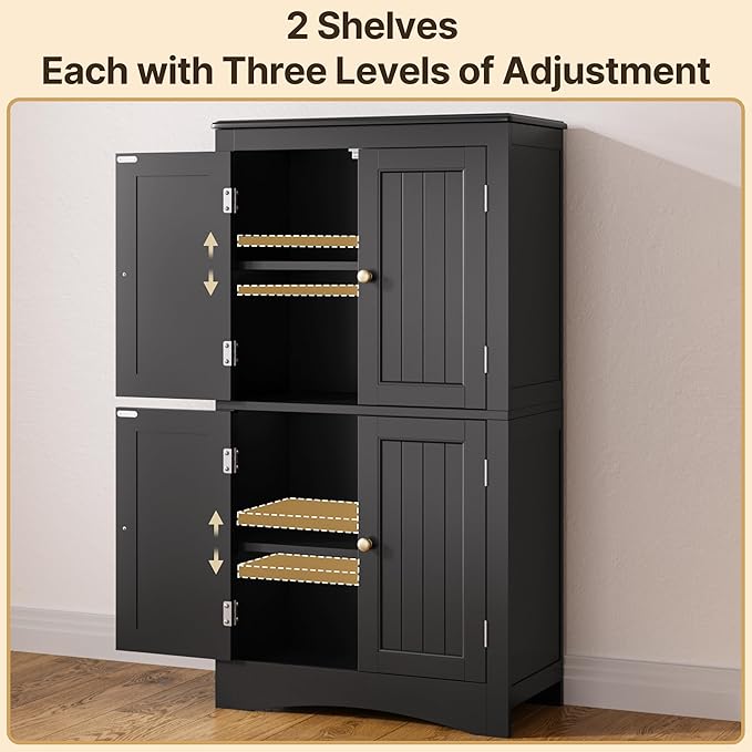 Gizoon 43" Kitchen Pantry Cabinet, Freestanding Floor Cabinet with Adjustable Shelves and 4 Magnetic Doors, Bathroom Storage Unit, for Kitchen, Living Room, Black