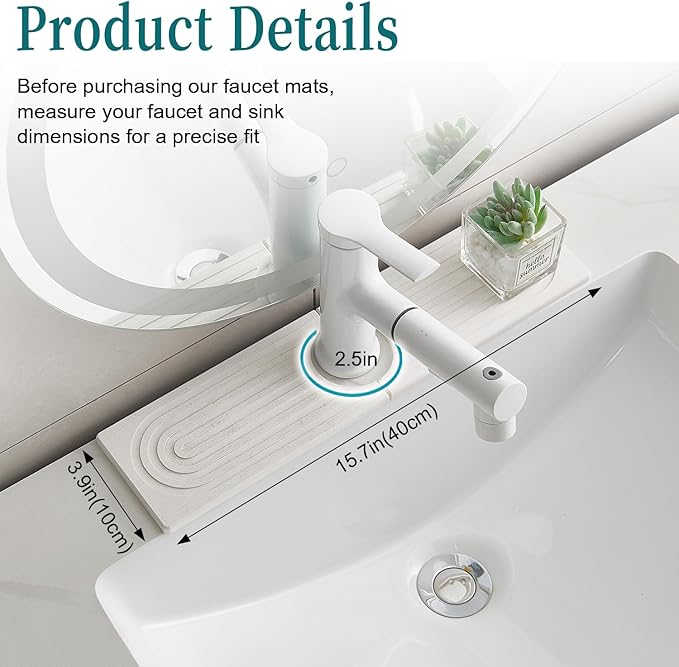 Stone Faucet Mat for Kitchen Sink Bathroom Counter, 15.7 Inch White Diatomite Water-Absorbing Drying Stone Mat, Sink Stone Tray Protector,Prevent Moisture Sink Splash Guard