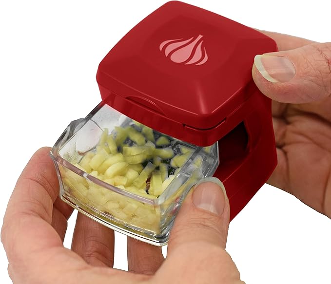 Kitchen Innovations Garlic-A-Peel Garlic Press, Crusher, Cutter, Mincer, and Storage Container - Includes Silicone Garlic Peeler - Easy to Clean - Stainless Steel Blades – (Red), standard