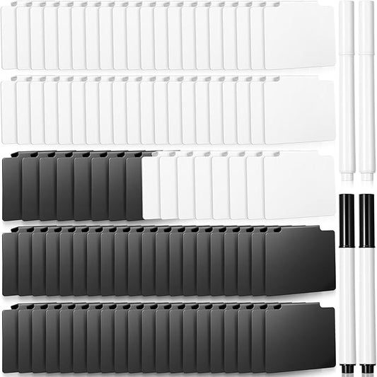 100 Pcs Basket Labels Clip Set for Storage Bins Include Removable PVC Bin Label Holders with Chalk Markers for Kitchen Pantry Organization Labeling Box Shelf 48+2 96+4 (Black White)