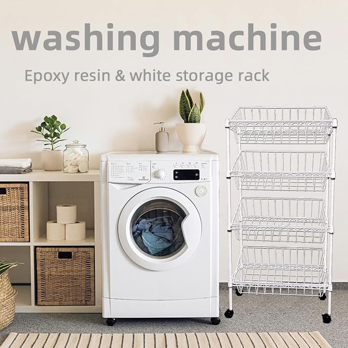 NSF white 4-layer storage rack, kitchen basket rack, vegetable tableware sorting, laundry room dirty clothes storage, detachable storage basket, multifunctional household epoxy resin