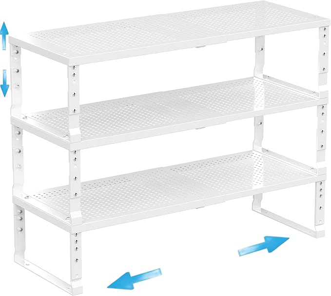 Wobmmi Expandable Spice Rack Kitchen Cabinet Shelf Organizer, Stackable Storage Shelves Racks, Adjustable Counter Shelving for Cabinets, Countertop, Cupboard,Pantry and More(3Packs/White/Large)