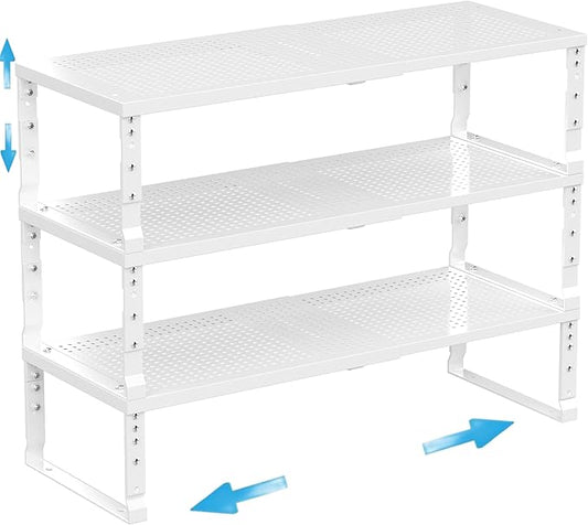 Wobmmi Expandable Spice Rack Kitchen Cabinet Shelf Organizer, Stackable Storage Shelves Racks, Adjustable Counter Shelving for Cabinets, Countertop, Cupboard,Pantry and More(3Packs/White/Large)