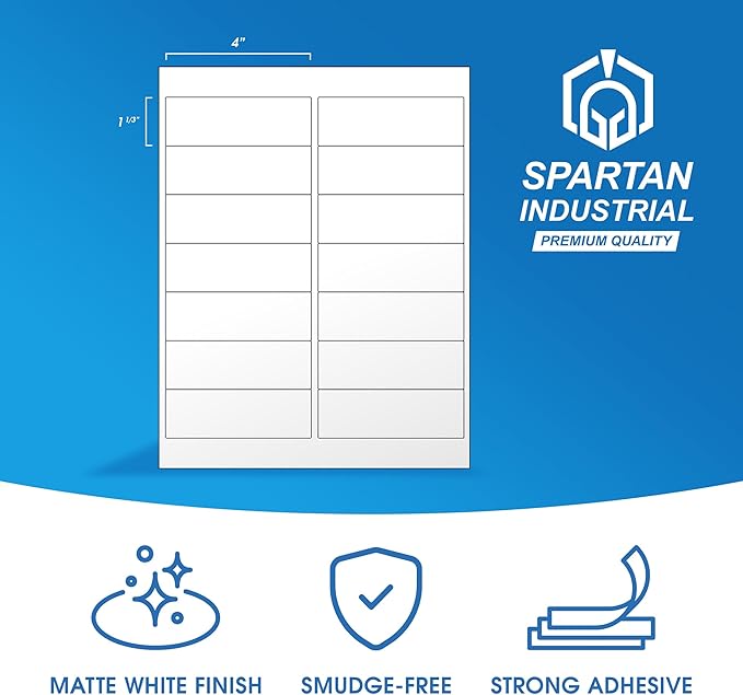 4" X 1 1/3" Matte White Printable Labels for Inkjet and Laser Printers - 500 Sheets, 7000 Address, Mailing, Shipping Labels for File Folders and Organization - Spartan Industrial Template R018