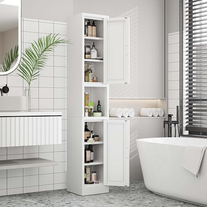 pozdeg 67" Tall Narrow Storage Cabinet Metal Bathroom Cabinet with 2 Doors & 4 Adjustable Shelves, Standing Pantry Cabinets Cupboard for Kitchen, Dining Room, Living Room and Bathroom (White)