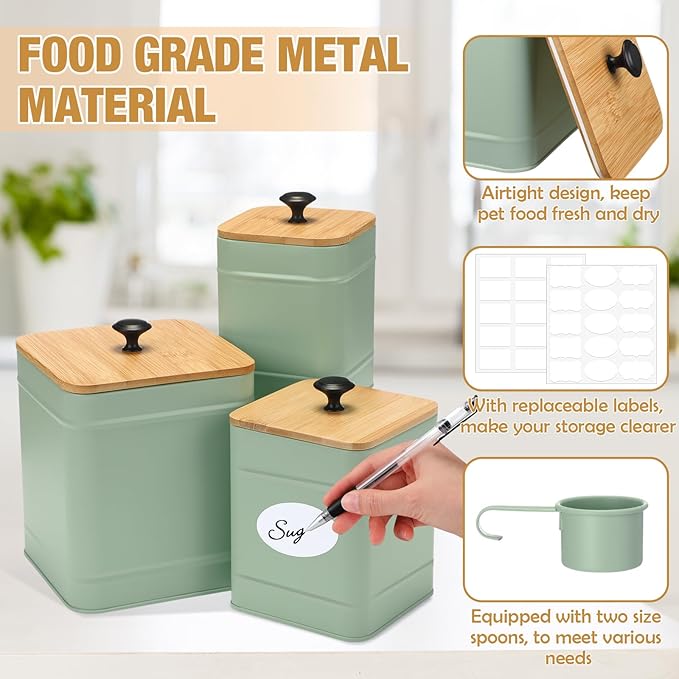 Tioncy Kitchen Canisters for Countertop Set of 3 Metal Canisters Sets with Bamboo Lids Spoon Airtight High Capacity Coffee Tea Sugar Flour Jars with DIY Labels Farmhouse Food Storage (Green,Xl,L,M)