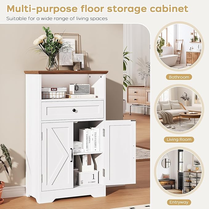 Viroformo Floor Cabinet, Farmhouse Storage Cabinet with Barn Doors and Drawer, 11.81" D x 23.62" W x 39.37" H White Freestanding Adjustable Shelf Organizer for Bathroom, Kitchen, Living Room