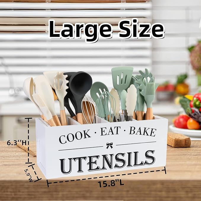 LIBODOUR Utensil Holder,Extra Large Wooden Utensil Holder For Kitchen Counter,Cooking Spatula Organizer,Big Storage Caddy With 4 Compartments Flatware Spoon Tool Cutlery（White）