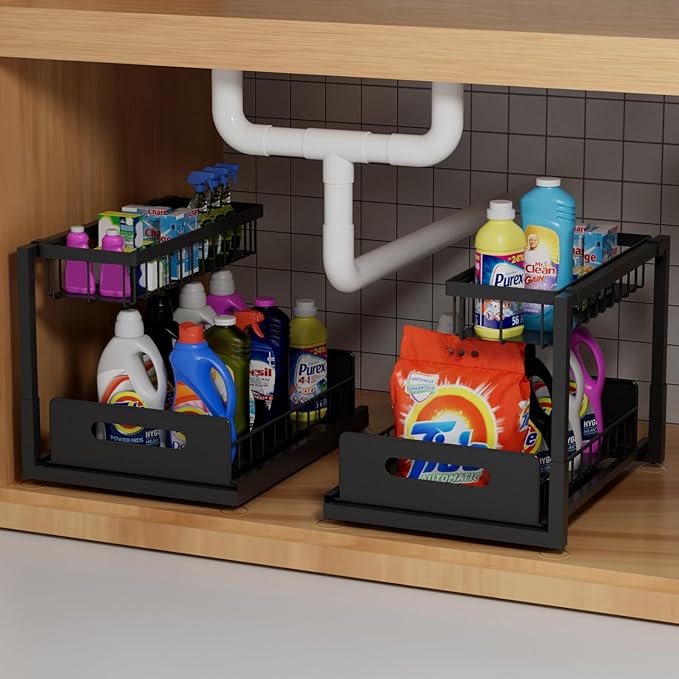 Lxmons 2-Tier Under Sink Slide Out Organizer, 2 Pack Pull Out Cabinet Storage Shelf with Sliding Wire Basket Drawer for Bathroom Kitchen, Countertop or Pantry Shelf, Black