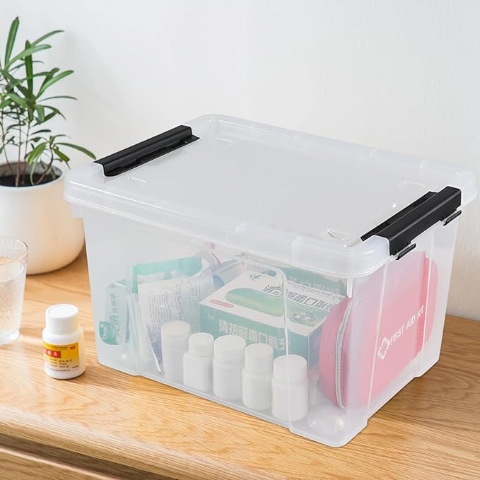 4 Pack 23 L Plastic Storage Bins with Wheels, Clear Storage Latch Box with Lids