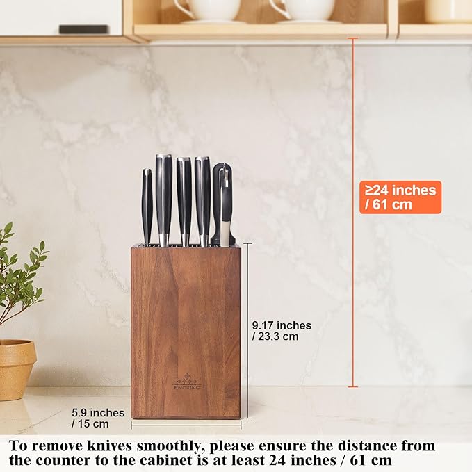 Acacia Wood Universal Knife Block with Plastic Slot Top, Kitchen Knife Holder for Knives, Scissors & Sharpening Rod, Easy-Clean Countertop Storage Organizer