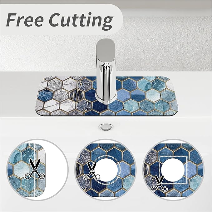 Kitchen Sink Splash Guard，Hexagonal tiles Faucet Mat Sink Gadgets-Super Absorbent Fast Drying Mat Drip Catcher for Kitchen, Bathroom,Sink Mat, Dish Drying Mat, Bathroom(15" X 5.5" )