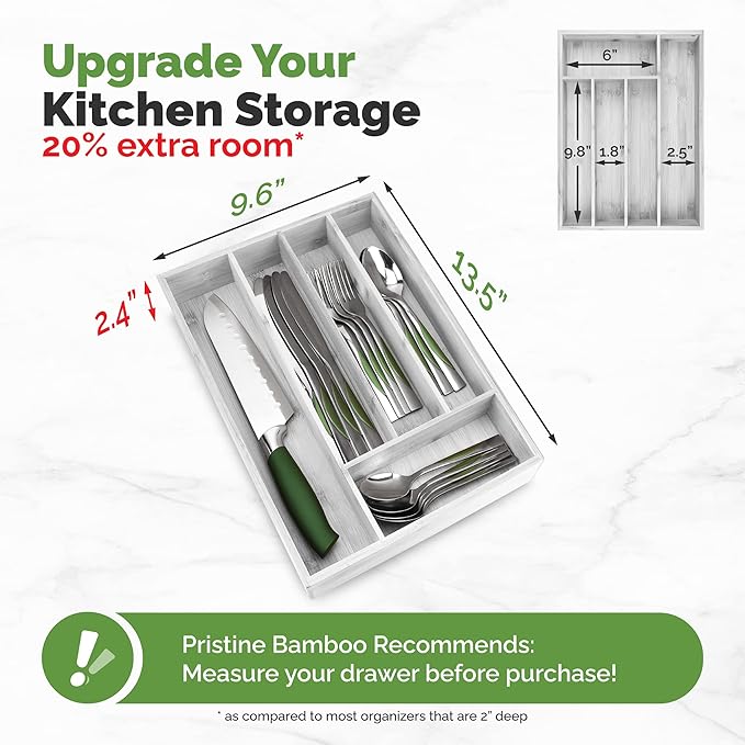 Pristine Bamboo Kitchen Drawer Organizer - Drawer Utensil Organizer and Cutlery Tray - Flatware and Silverware Holder (5-Slots, White)