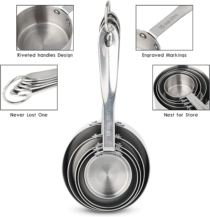 Nstezrne Measuring Cups Set of 5, Stainless Steel Measuring Cups Set, Kitchen Measuring Cup Set, Metal Measuring Spoons for Baking, Dry Measuring Cups, Heavy Duty Measurement Cups with 1/8 Measure Cup
