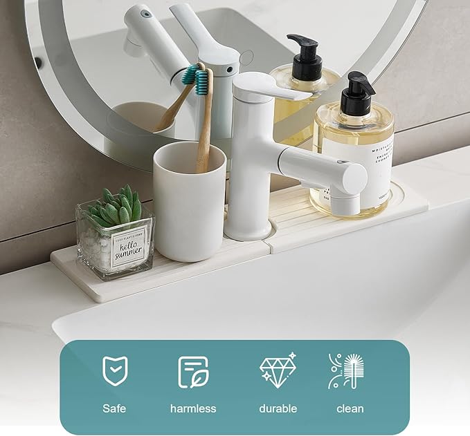 Stone Faucet Mat for Kitchen Sink Bathroom Counter, 15.7 Inch White Diatomite Water-Absorbing Drying Stone Mat, Sink Stone Tray Protector,Prevent Moisture Sink Splash Guard