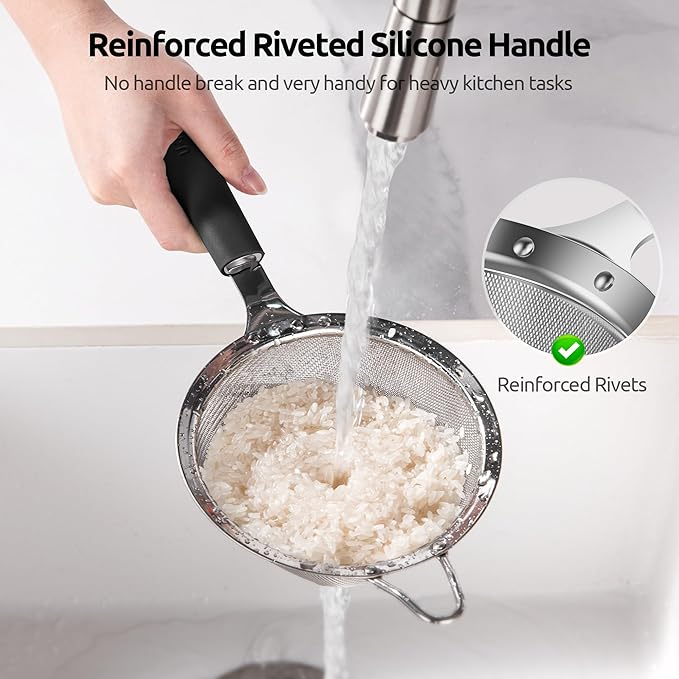 U-Taste Fine Mesh Food Strainer: 18/8 Stainless Steel 30 Mesh Kitchen Sieve with Sturdy Riveted Silicone Handle, Heavy Duty Deep Handheld Metal Colander (Small/3.35in+Medium/4.73, Black)