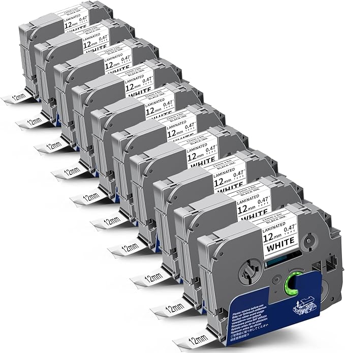 Labelwell TZe TZ Tape 12mm 0.47 Inch Laminated White Compatible for P Touch Label Tape Refills for Ptouch PT-H110 D210 D220 D400 D600 Label Maker (Black on White, 10-Pack)