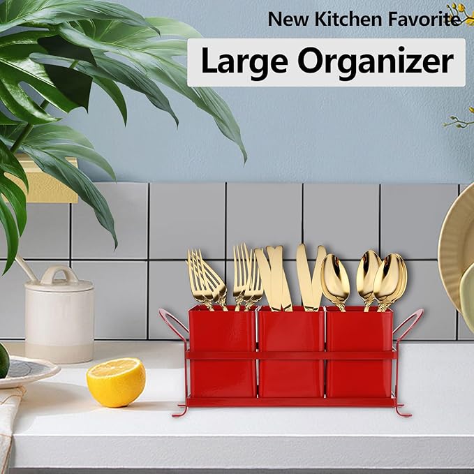 NelyBet Kitchen Utensil Holder for Countertop - Outdoor Silverware Caddy, Picnic and Camping Utensil Organizer, Flatware Holder for Party Gatherings, Metal and Durable Design (Red)