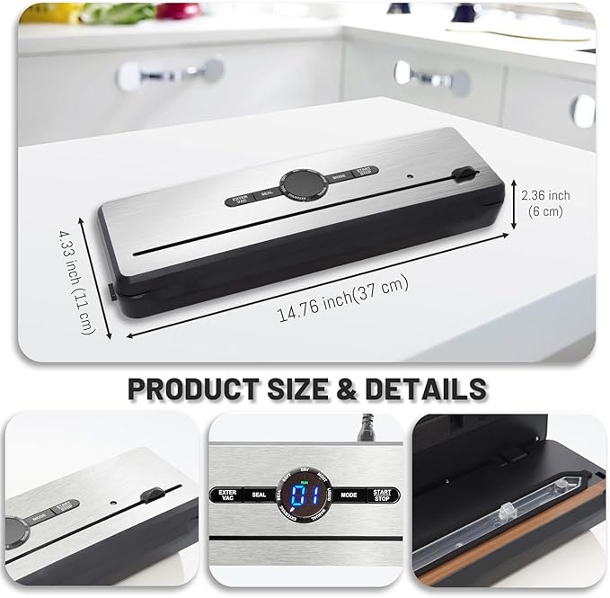 VNIMTI Vacuum Sealer Machine for Food, 70Kpa Vacuum Food Sealer with Dual Heat Seal, Multi-Functional with Moist & Dry Mode, 5 Vacuum Bags, Built-in Cutter, External Vacuum Hose for Jars