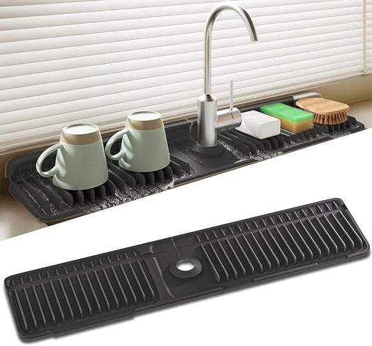 Faucet Mat for Kitchen Sink, 24 Inch Longer Silicone Sink Splash Guard, 7°Slope Fast Self-draining, Fast Drying Tidy Faucet Mat Splash Guard
