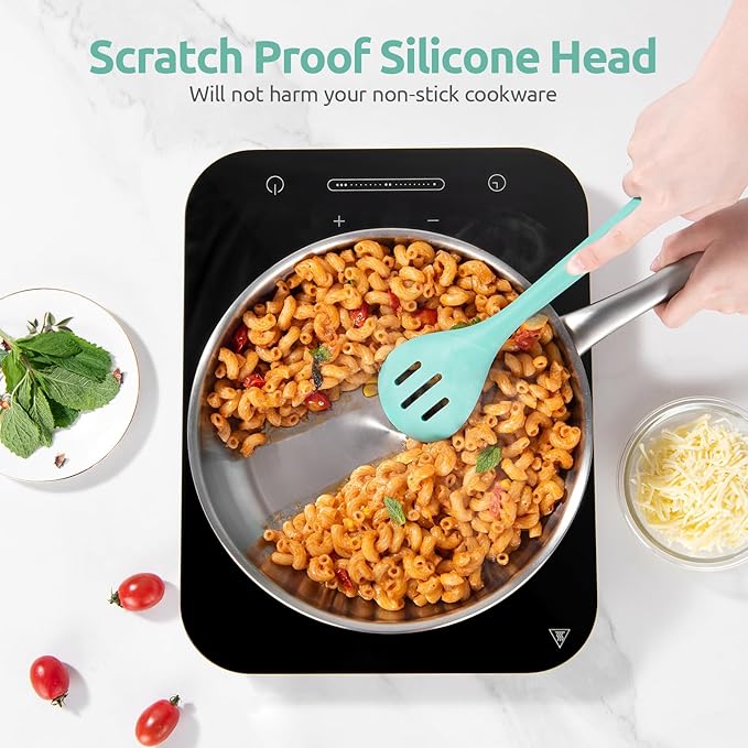 13.3" Slotted Cooking Spoon: U-Taste 600ºF Heat Resistant Kitchen Mixing Spoon, Food Grade Nonstick Long and Large Rubber Soup Utensil for Serving, Stirring, Basting, for Pot Cookware (Aqua Sky)