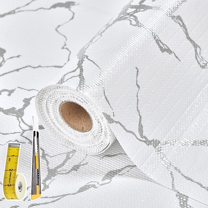 Drawer and Shelf Liner for Kitchen Cabinet: 12 in X 30 Ft Non Slip Waterproof Shelf Paper Non Adhesive Refrigerator Liners Silver Marble Easy Liners for Bathroom with Knife Tape Measure