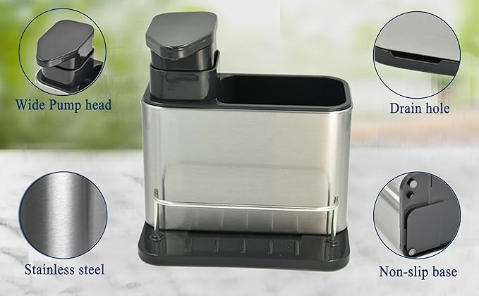 Soap Dispenser for Kitchen & Bathroom Sink with Sponge Holder and Brush Holder, Dish Soap Pump Sink Caddy for Countertop, Stainless Steel